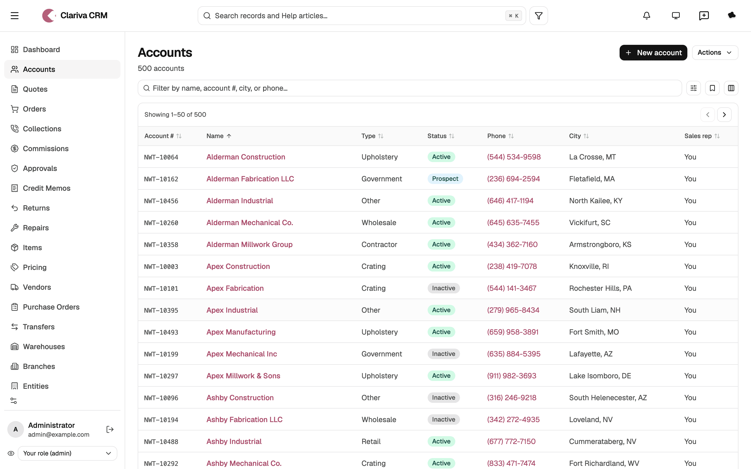 The Clariva accounts list, showing customer records with type, status, phone and city.